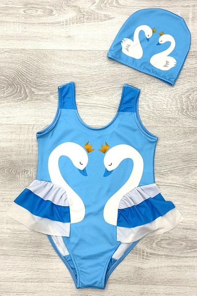 MODANINO Set de costume de baie pentru fete cu imprimeu lebădă cu volane și șapcă 3-10 ani 12224
