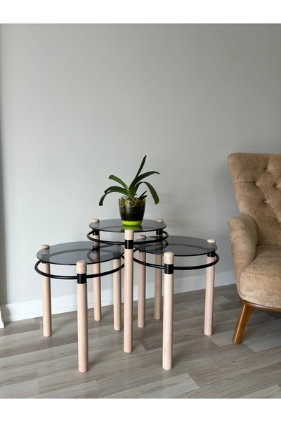 TOLUNAY Yonca Zigon Sehpa Ahşap ve Metal Füme Cam Akça