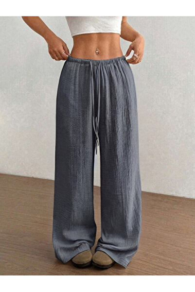 MOONBULL Kadın Bürümcük Kumaş Bel Bağlamalı Dokuma Geniş Paça Pantolon