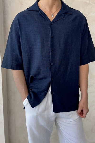 HYMAN Чоловіча сорочка з великим коміром, коротким рукавом та з льону