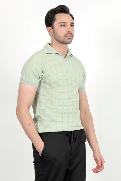JB John Borners Men's Polo Neck Short Sleeve Textured Knitwear T-Shirt Light Green - 2504