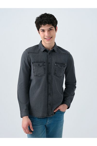 Loft 2035731 Anthracite Double Pocket Snap Button Long Sleeve Denim Shirt