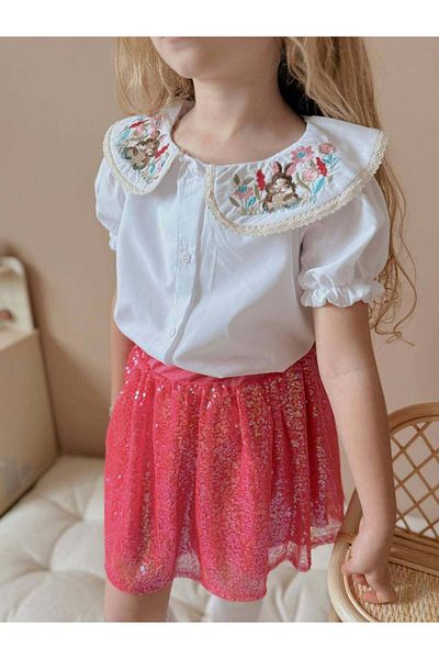 MİNİKO KİDS Cămașă cu mânecă scurtă pentru fetiță și costum de sărbători cu fustă cu paiete
