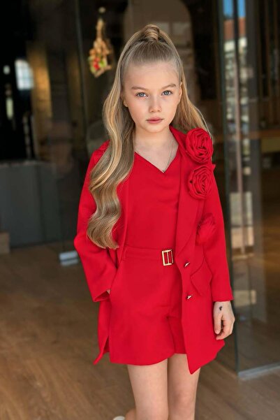 Riccotarz Kız Çocuk Gold Düğmeli ve Gül Broşlu Blazer Ceket Askılı Penye Bluz Kırmızı Şortlu Takım