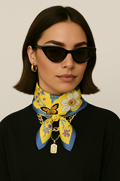 NOTHING Yellow Flower and Butterfly Patterned Satin Scarf