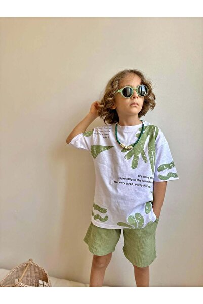 MİNİKO KİDS Boy's Cactus Patterned Cotton Suit with Muslin Shorts