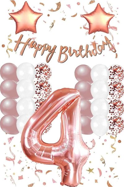 hediyeofisi Rose Gold Concept 4 Year Old Birthday Set Number and Star Foil Balloon Banner and 24 Balloons and Stamps