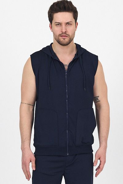 DAMGA JEANS Men's Hooded Sleeveless Zippered Summer Long Navy Blue Sweat Vest