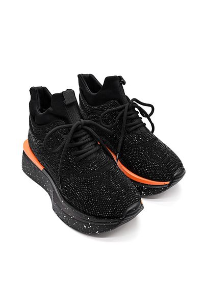 Tmall Pantofi sport pentru femei, confecționați din material textil cu pietre, D1365, negri cu portocaliu