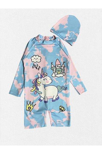 Fil Kids Girl's Blue Unicorn Castle Cloud Pattern Long Sleeve Tight Woven Quick Dry Bonnet Swimsuit