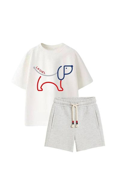 MİNİKO KİDS Laciel Boy's Cycling Collar Cotton Dog Patterned Shorts Suit