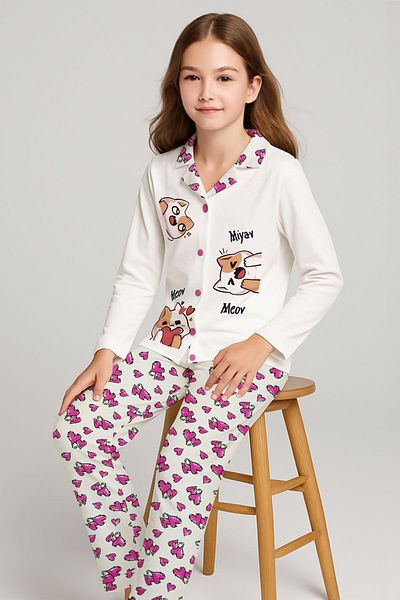 peki baby&kids Well Girls Interlock Cotton Heart Patterned 3 Funny Cat Printed Front Buttoned Pajamas Set 18960
