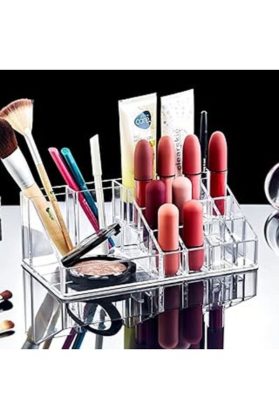 Mu Art Ahşap Deconox 16 Compartment Transparent Acrylic Makeup Organizer and Pyramid Organizer, Acrylic Makeup Organizer