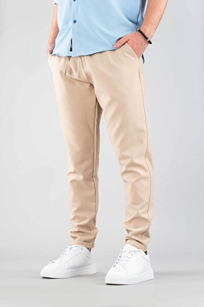 bombe Ανδρικό μπεζ άνετο Boyfriend βαμβακερό παντελόνι Jogger με ελαστικό κορδόνι στη μέση