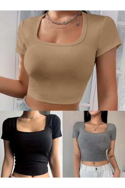 ÖZ PAMUK Γυναικείο μπλουζάκι 3 τεμαχίων μαύρο κορδόνι βαμβακερό πλεκτό τετράγωνο γιακά Crop T-shirt