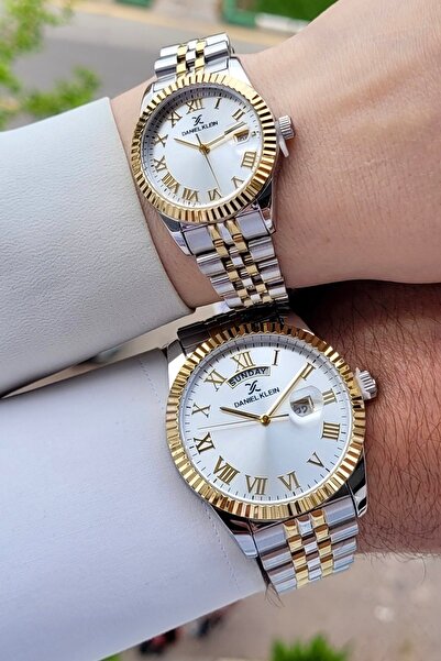 Daniel Klein Sarı Gümüş Renk Takvim ve Gün Fonksiyonlu 24 Ay Garantili Sevgili Çift Kol Saati