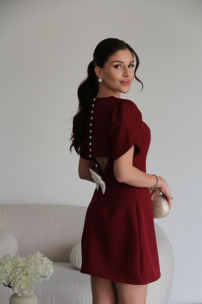 Julidress Burgundy Pearl Bow Detailed Mini Length Premium Dress