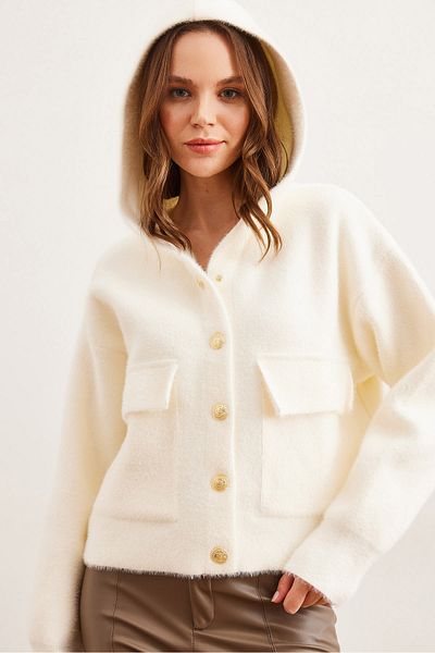 Olalook Women's Ecru Hooded Pocket Soft Textured Thick Beard Cardigan Hrk- 19000325