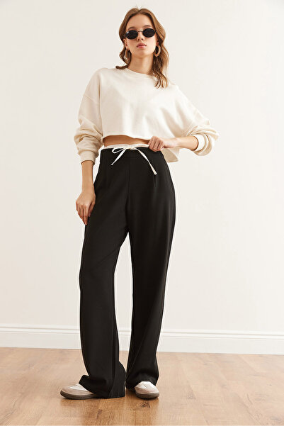 Olalook Kadın Siyah Boxer Detaylı İpli  Palazzo Pantolon PNT-19000315