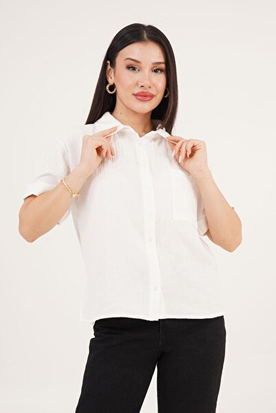 Hipo Trend Короткий рукав, одна кишеня, муслінова біла сорочка