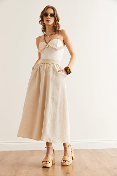 Olalook Women's Ecru Guipure Belt Detailed Pocket Buckle Linen Skirt Etk-19000299