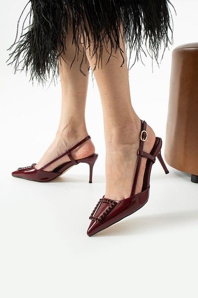 Güllü Shoes Shiny Burgundy Stiletto | Vegan Leather, 7cm Heels, Ankle Strap, Buckle Pointed Toe Stylish Heels