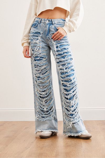 Olalook Blugi de damă din denim cu buzunar cu detalii cu laser albastru - picior lat cu spate elastic JEA- 19000116