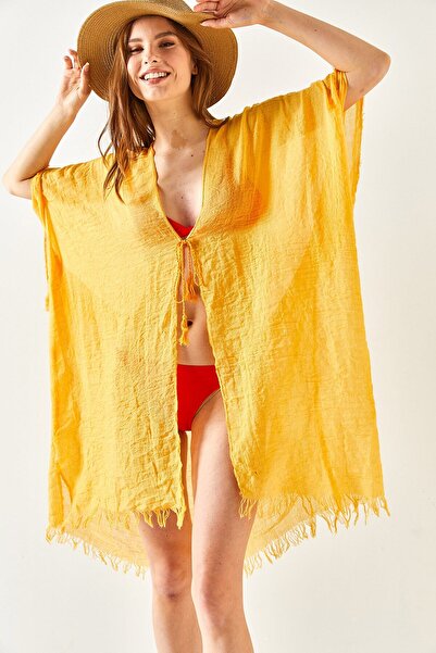 Olalook Kimono pareo cu cravată muștar pentru femei KMN-00000063