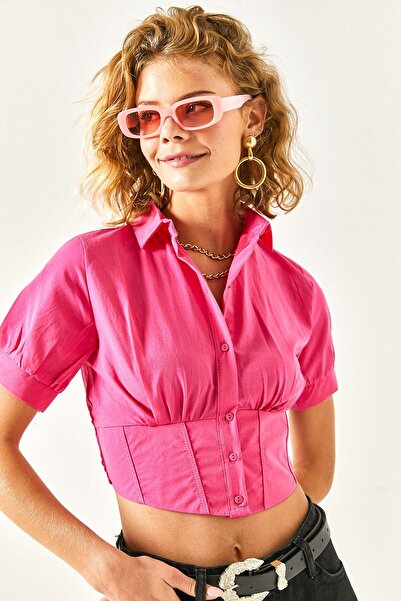 Olalook Cămașă crop pentru femei cu talie fucsia GML-19001138