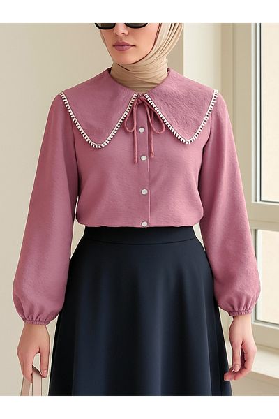 Modamorfo Baby Collar Lace Sleeve Elastic Shirt - Powder