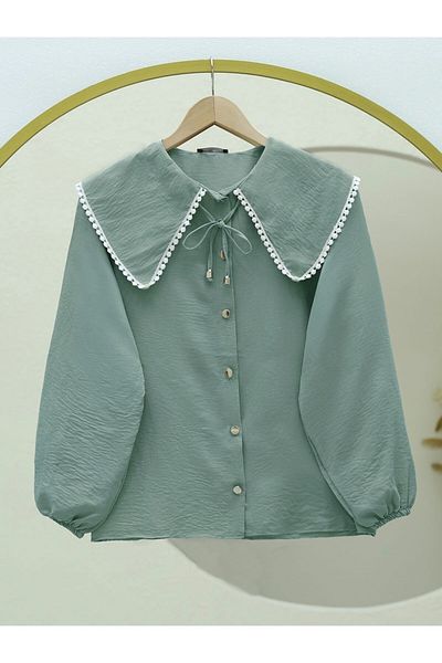 Modamorfo Baby Collar Lace Shirt with Elastic Sleeves - Mint