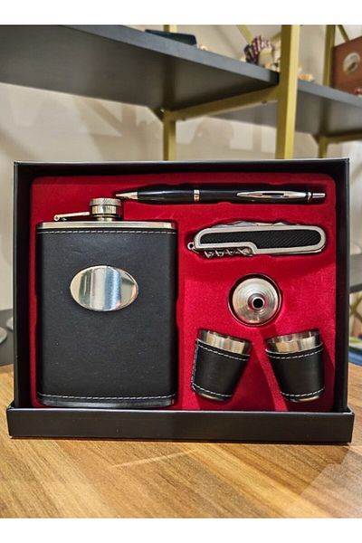 BiTon Toptan Steel Flask Gift Set Leather Covered 2 Shot Glass Multifunctional Drink Flask with Pocket Knife and Pen