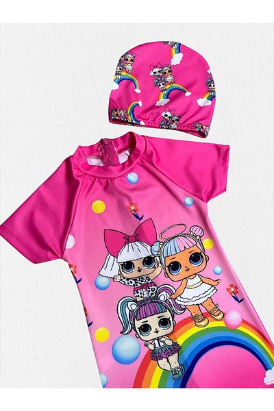 Fil Kids Girl's Pink Lol and Rainbow Print Short Sleeve Quick Dry Tight Woven Bonnet Swimsuit