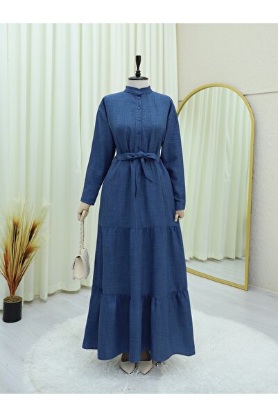 Modamorfo Λινό φόρεμα με γιακά με μισό κουμπί - Indigo