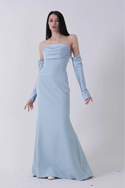 Moda Asrın Mavi Straples Degaje Yaka ve Kol Detaylı ABİYE ELBİSE