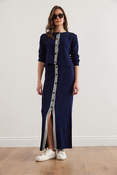 Olalook Women's Navy Blue Top Cardigan Bottom Buttoned Skirt Knitwear Suit Tkm- 19000344