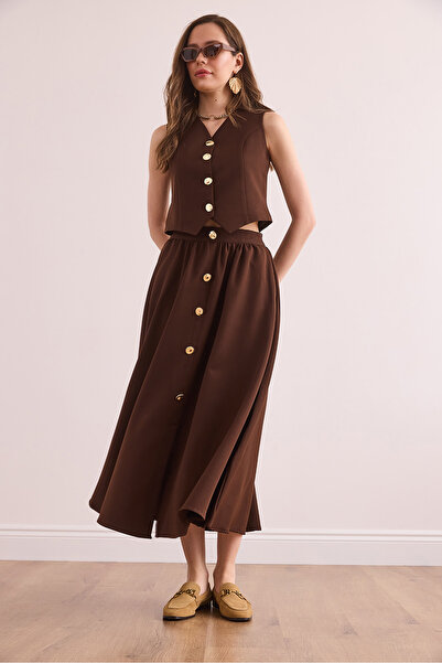 Olalook Kadın Acı Kahve Üst Astarlı Yelek Alt Düğmeli Kloş EtekTakım TKM-19000376