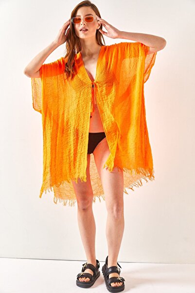 Olalook Kimono pareo cu dantelă cu fantă portocalie pentru femei KMN-00000063