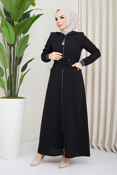 hafsamina Hooded Ribbed Black Abaya
