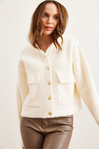 Olalook Kadın Ekru Kapüşonlu Cepli Yumuşak Dokulu Kalın Sakal Hırka HRK-19000325