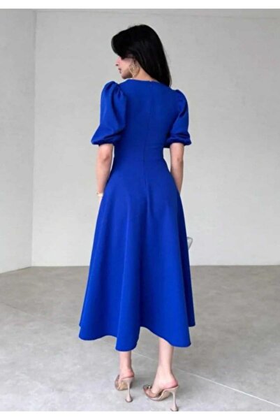 moda wanilia Γυναικεία φούστα με μπαλόνι μανίκια Flared Midi Crepe φόρεμα