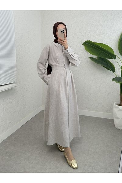 Modamorfo Half Buttoned Linen Dress with Elastic Waist - Stone