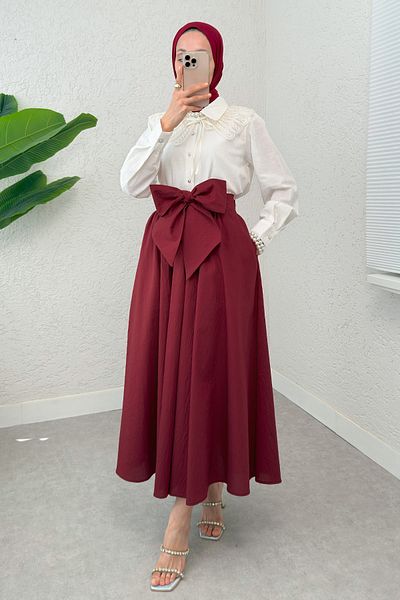 Salih Çelebi Large Belted Flared Skirt 2197 - Bordo