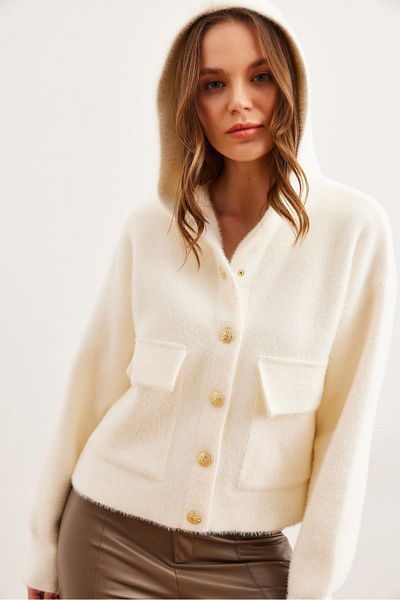 Olalook Women's Ecru Hooded Pocket Soft Textured Thick Beard Cardigan Hrk- 19000325