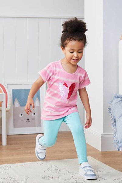 Tchibo Toddlers Girl Round Neck Sequined Detail Top, Pink and White