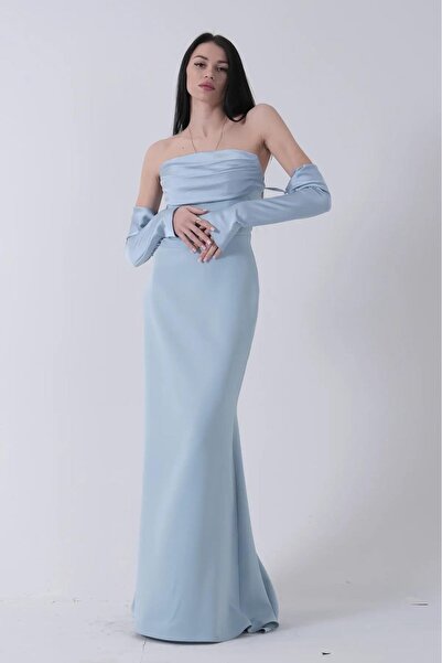 Moda Asrın Mavi Straples Degaje Yaka ve Kol Detaylı ABİYE ELBİSE