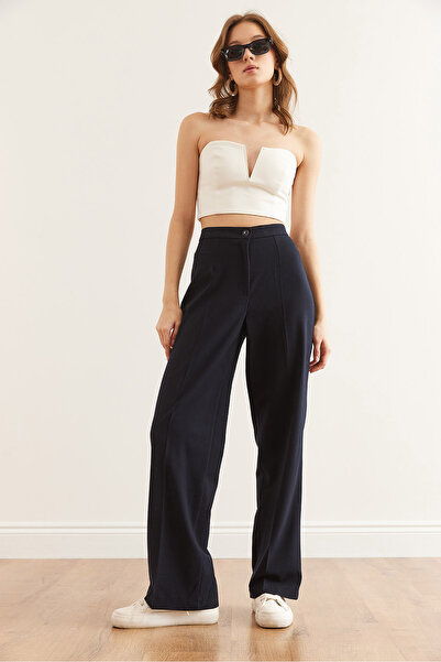 Olalook Γυναικείο παντελόνι Palazzo Navy Blue με ένα κουμπί - Polyviscon PNT- 19000296