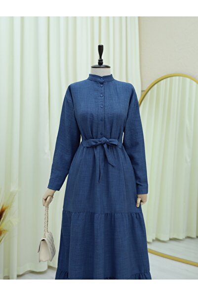 Modamorfo Λινό φόρεμα με γιακά με μισό κουμπί - Indigo