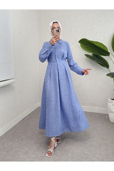 Modamorfo Rochie de in cu jumătate de nasturi cu talie elastică -Albastru