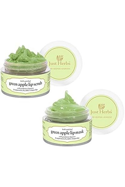 Just Herbs Ayurvedic & Vegan Green Apple Lip Scrub & Lip Mask duo pack for Chapped, Pigmented & Dark